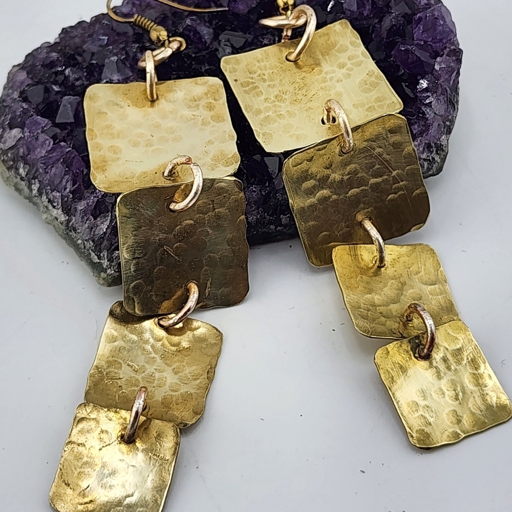 BRASS EARRINGS HANDMADE HAMMERED FOR TEXTURE DANGLING STYLE - Picture 6 of 9